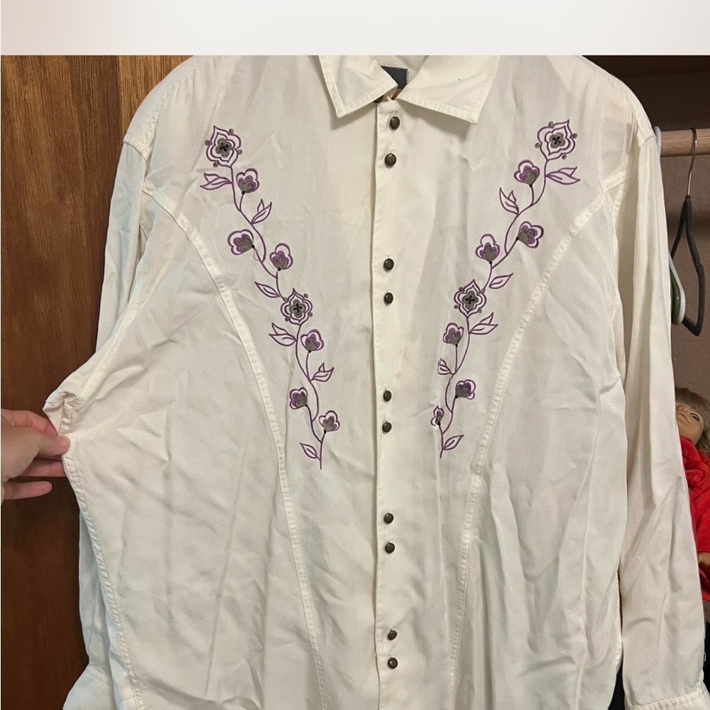 Floral Embroidered Button Down Shirt - Cream and Purple